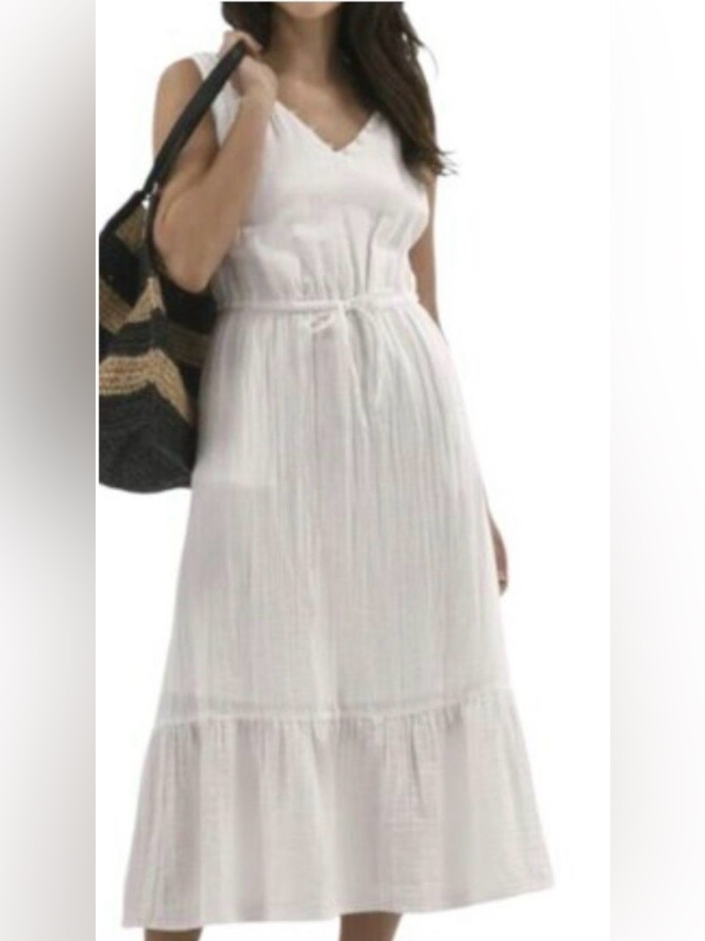 Time & Tru Cotton Gauze White V-Neck Tie-Waist Midi Dress, Size Medium